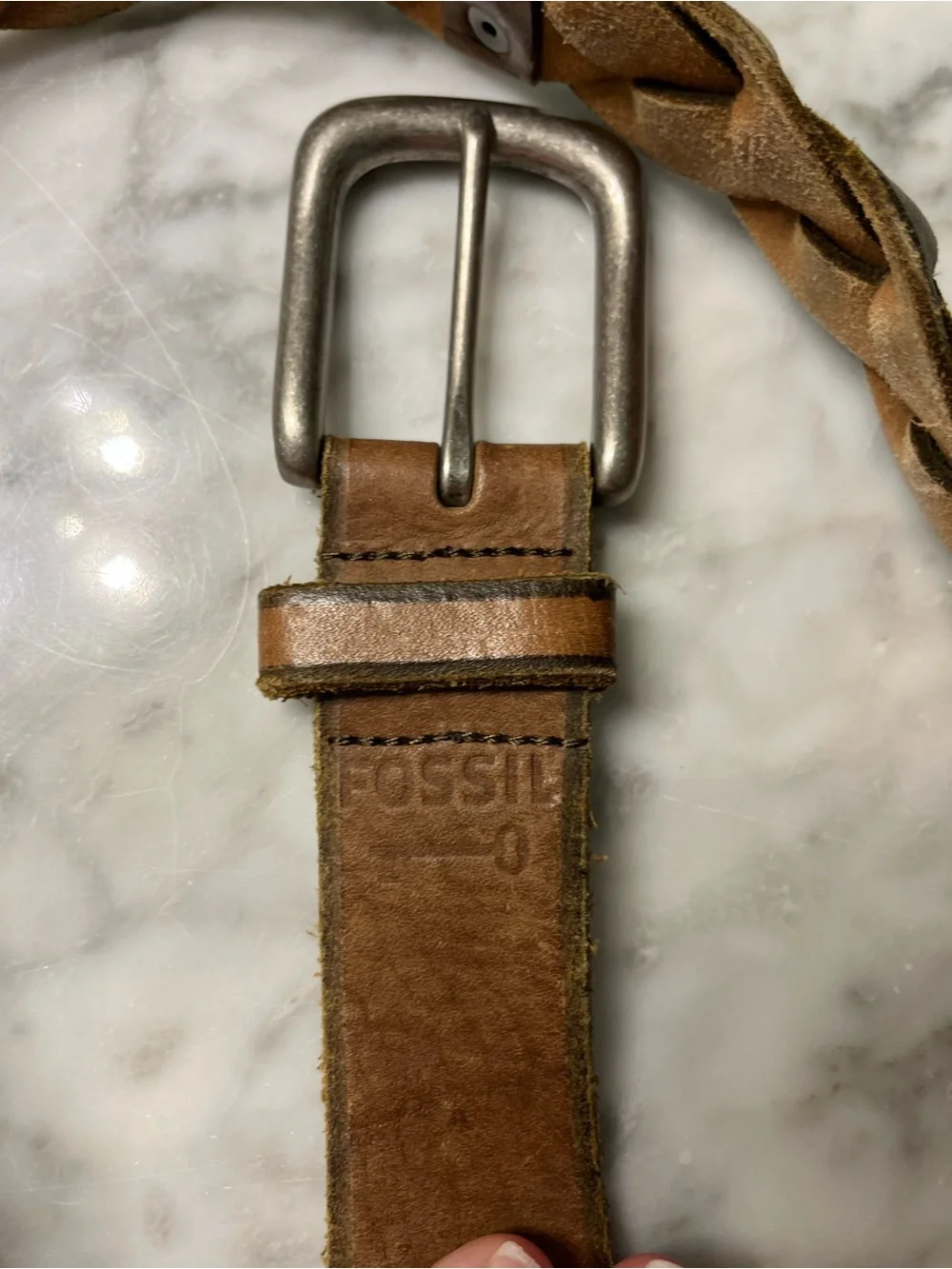 Fossil Braided Tan Leather Belt with Silver Buckle